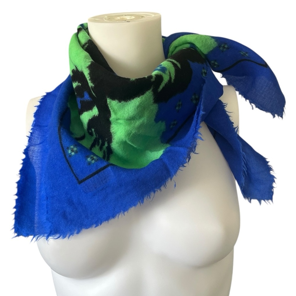 Vintage August Max Studio Square Wool Scarf Made in Japan Blue Green Floral